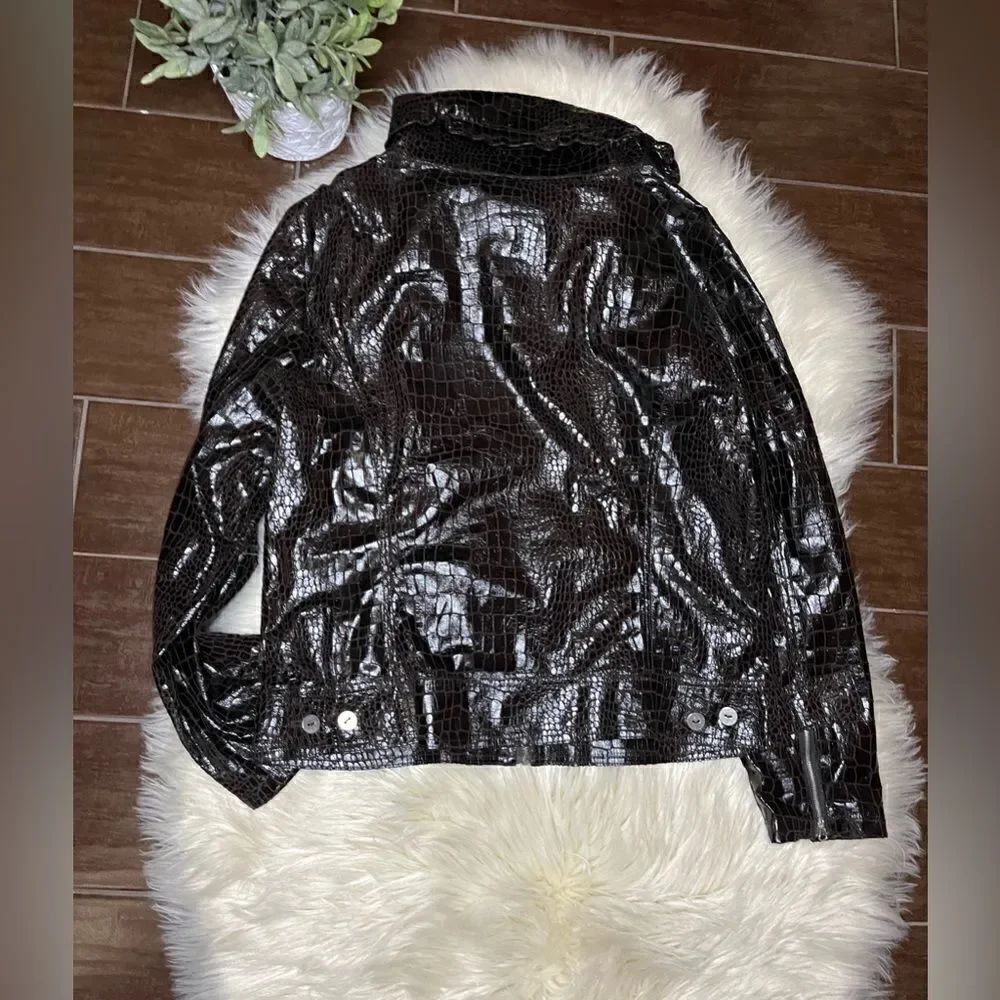 JUST B Dark Chocolate Brown Crocodile Print Faux Leather Jacket Sx XL - Picture 4 of 7